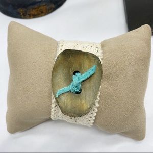 Boho Upcycled Crochet Lace Bracelet with Natural Carved Wood Button Accent